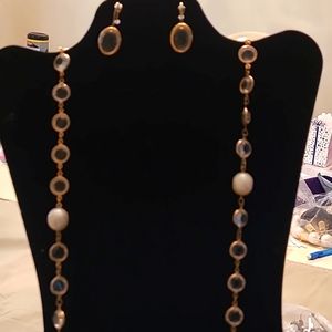 Long Crystal and Pearl Necklace with Crystal Earrings